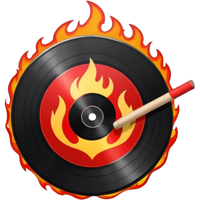 a black vinyl record white stick  with red outlin and flames  emoji