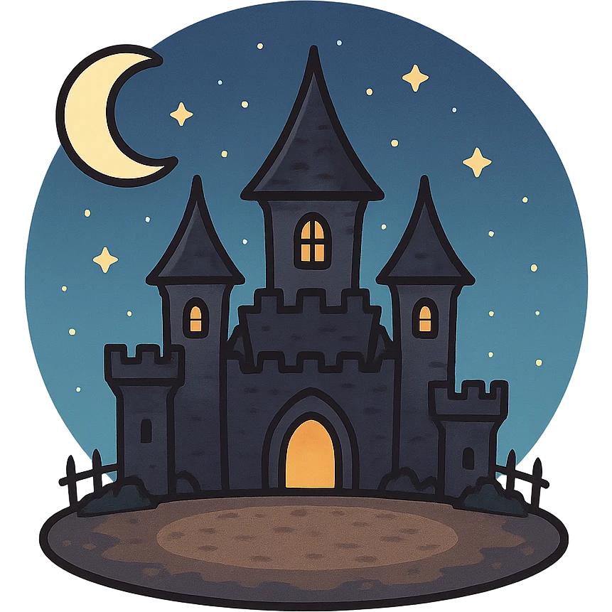 一个万圣节古堡，中间有一片空地，夜晚，星空 emoji