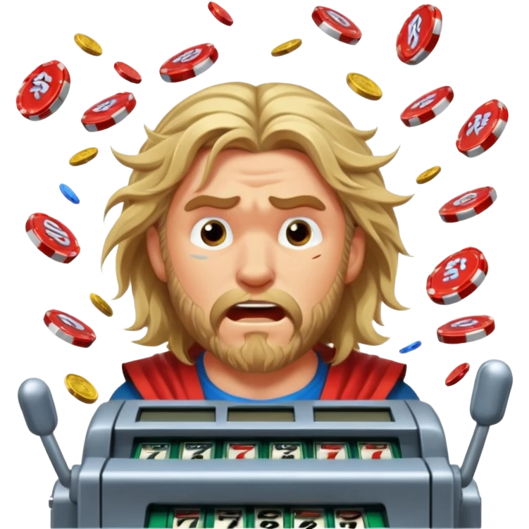 disheveled Thor losing money at a slot machine, panicked face, coins flying emoji