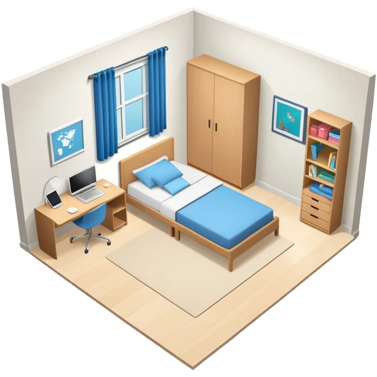 top-down view of teenage bedroom layout with bed, desk, closet, and storage emoji