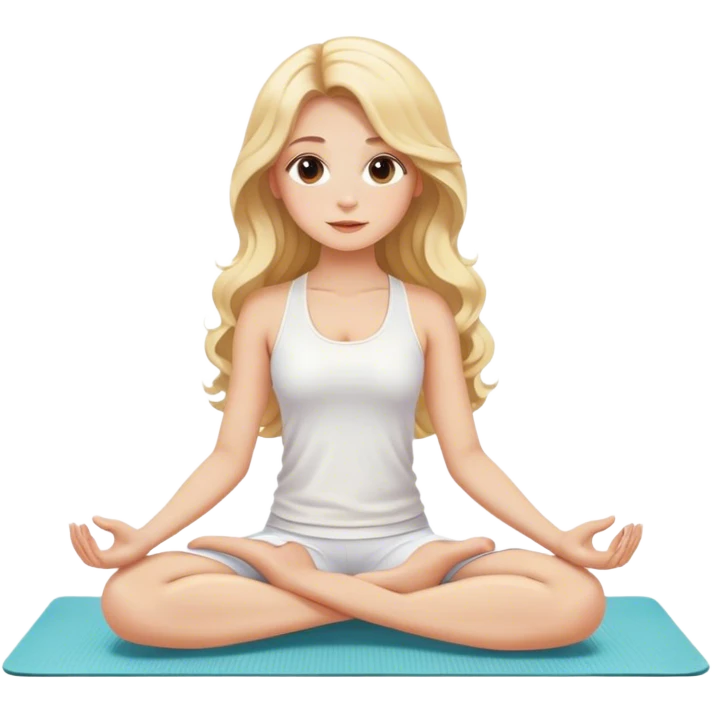 blonde long curled hair beautiful girl in white clothes sitting on a white yoga mat emoji