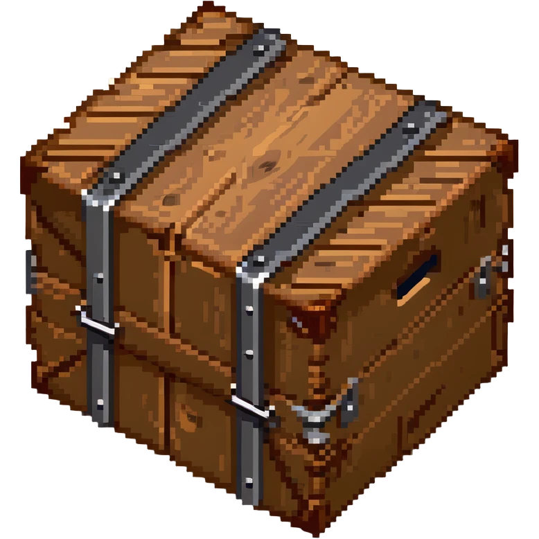Wooden crate with metal reinforcements, color #c2410c with darker wood grain, visible wood grain texture, metal bands across the crate, slight 3D effect with shading, breakable appearance, small warning symbol, 32x32 pixels emoji