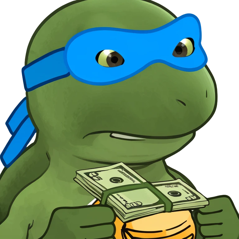 ninja turtle wearing blue eye mask with money emoji