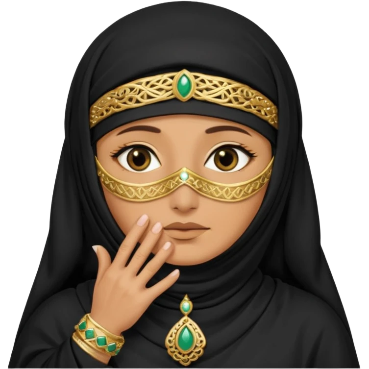 an old emirati women wearing traditional cloths covers her face with burg'a a;; the cloths and burqa'a are black emoji