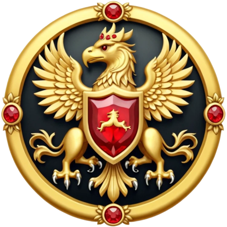 Golden griffin crest / brosch in a circle with red gems and no background emoji