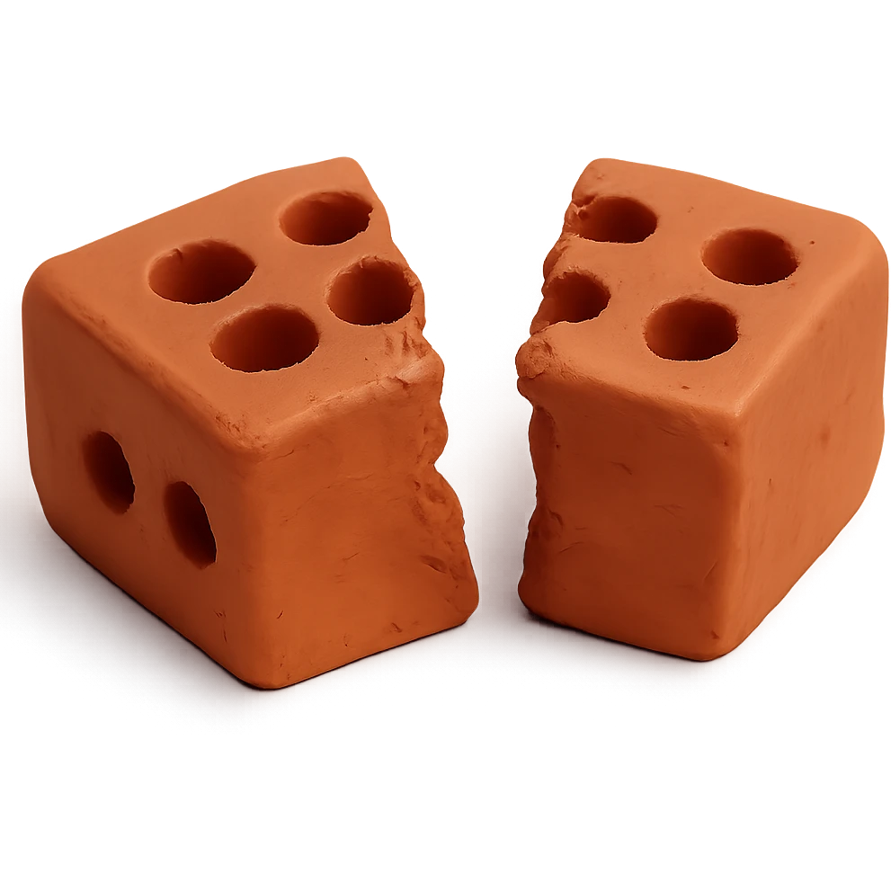 Make the clay brick broken in half with visible jagged edges, maintaining the claymation style, and remove the background. emoji