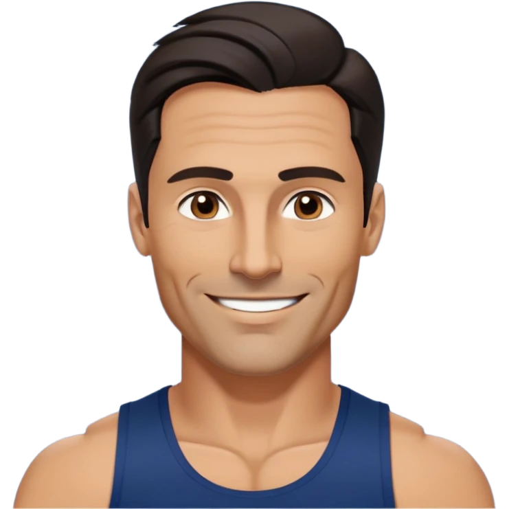 Fit 40-year-old man with tanned skin, long face, chiseled jawline. Attractive features with dark eyes, well-defined arched eyebrows, straight nose. Confident smile. Medium-length wavy dark hair styled in contemporary fashion. Wearing a dark blue tank top. emoji