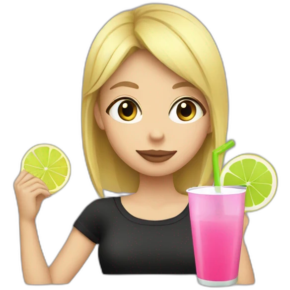 blonde girl straw drinking pink lemonade with one green lemon in the cup, with black watch black tshirt emoji