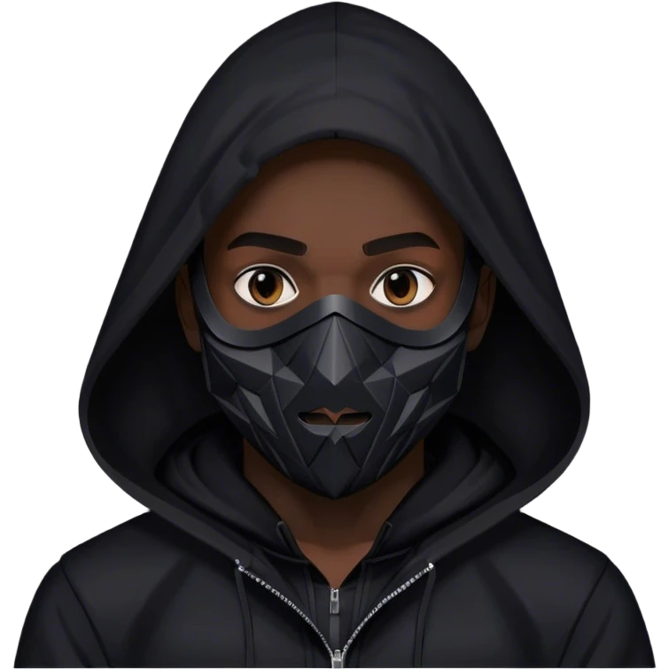man with black hooded jacket and a full black full-face geometric mask emoji