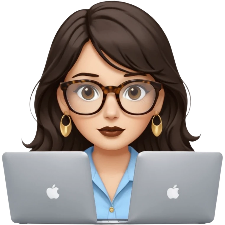 A white woman with long wavy dark brown hair and a whispy bang, wearing thick tortoise SQUARE glasses, gold drop earrings. She has long lashes and a nude browny glossy lipstick. She's wearing an oversize light blue shirt with white vertical strips. She's working on a laptop emoji