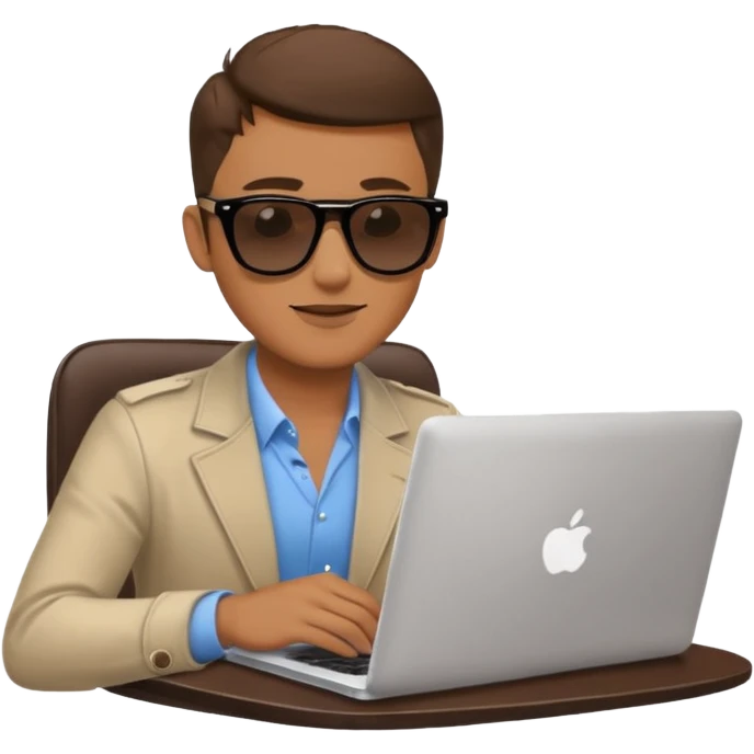 stylish man in sunglasses sitting with a laptop and coffee emoji