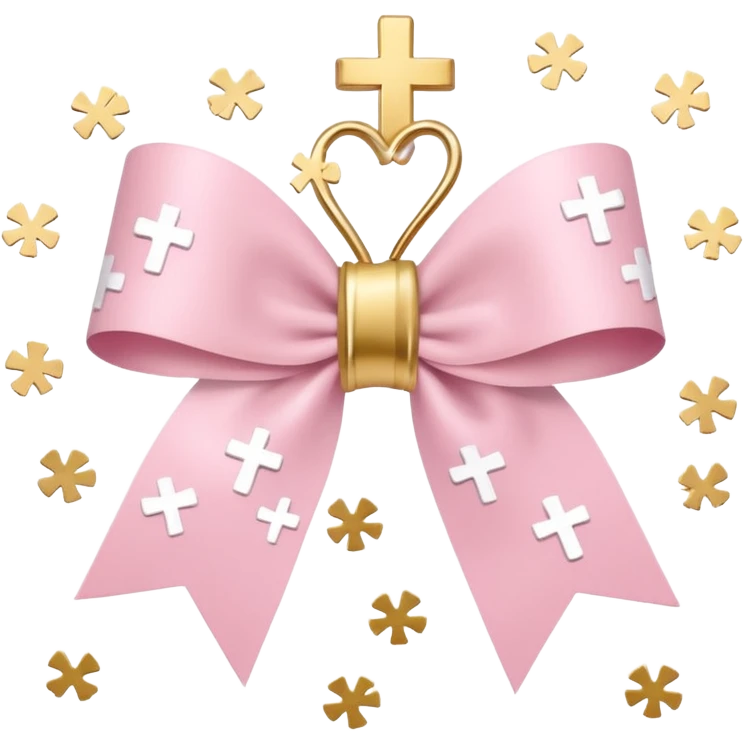 super pale pink bow confetti but the paper confetti are the pale pink bows all spread out with white tiny glitter and then with golden crosses on it and a white band in the mjddle emoji