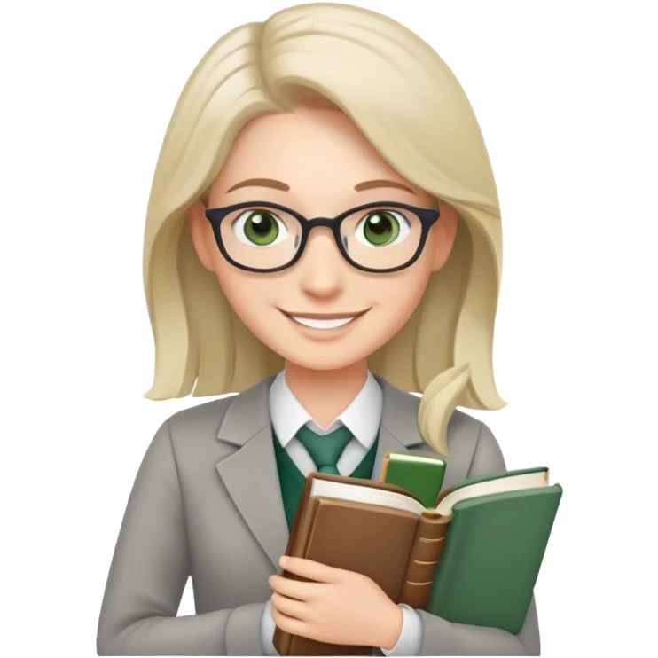 smiling English teacher with airtouch hair and grey-green eyes holding books and teaching materials emoji