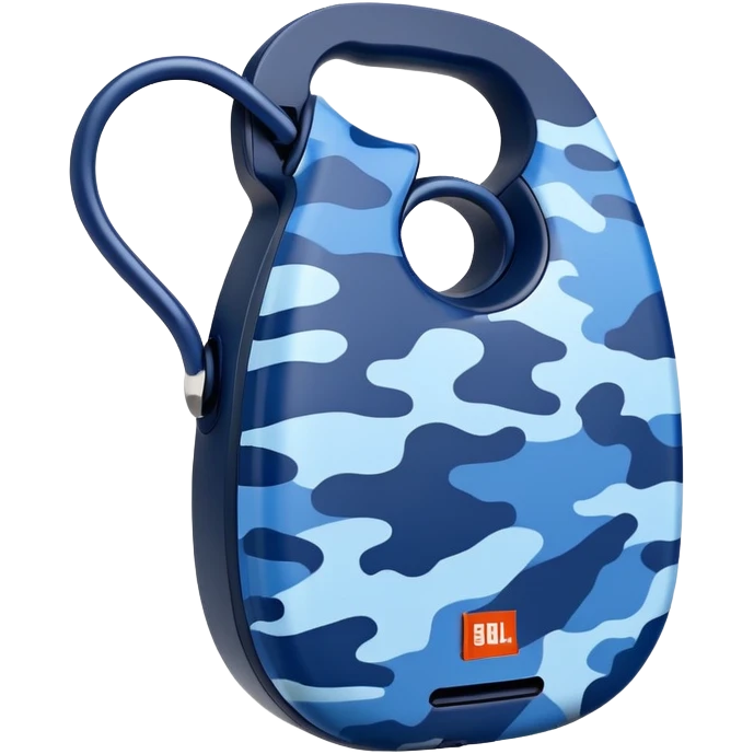 Abstract minimalist JBL Clip 4 speaker with blue and navy camouflage pattern, iOS emoji style emoji