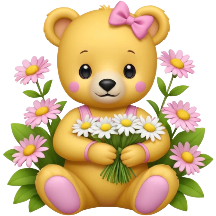 cute yellow bear cub with a pink bow on its head, wearing a pink onesie, sitting and holding a bouquet of daisies, surrounded by flowers, soft and rounded shapes, pink background, 3D iOS Apple emoji style emoji