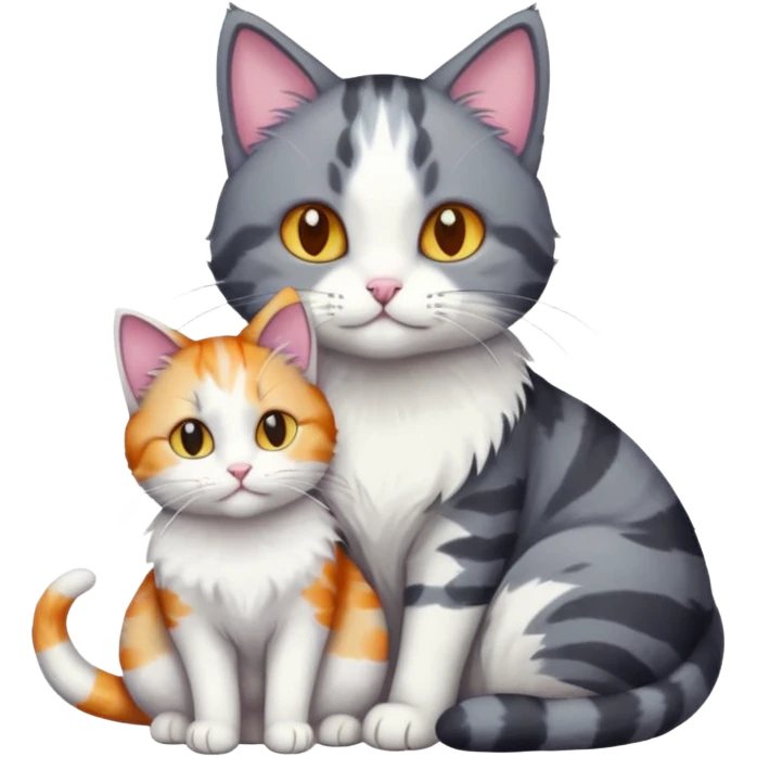 full body dark grey and white cat cuddling a colourful light patched calico + white tabby cat  emoji