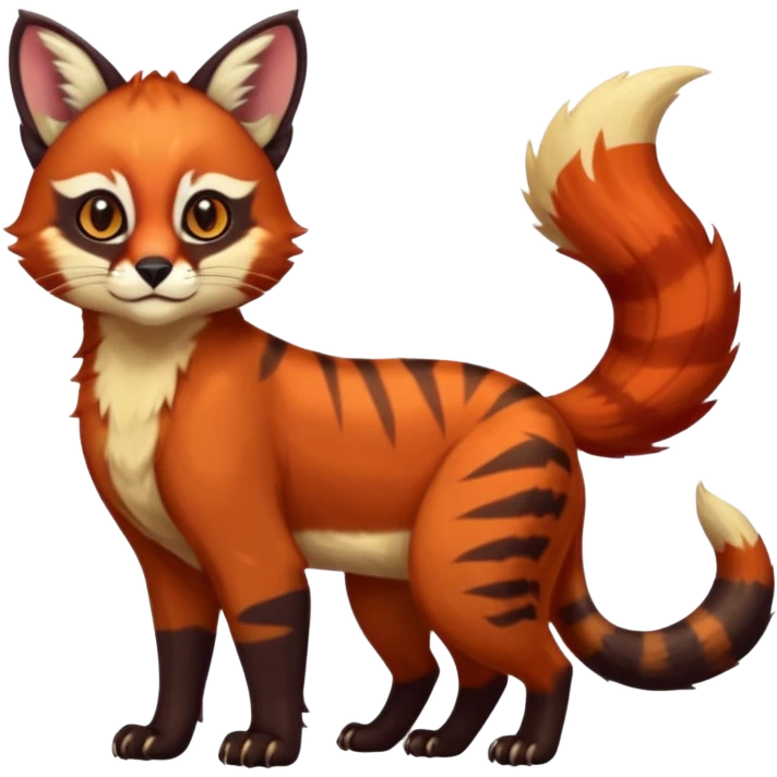 Colorful dark tropical exotic cute cool beautiful shiny beautiful fantasy-caracal-civet-genet-sergal-vernid-serval-Gryphon-Cacomistle-Trico-Red-Panda-oncilla-animal-Fakémon-hybrid-fursona (full body) emoji