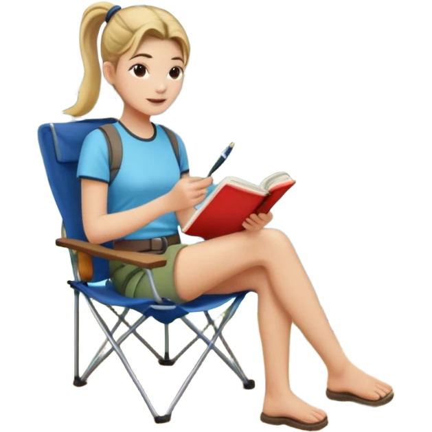A pony tail hair woman journaling on a camping chair, enjoying the quiet nature scene. emoji