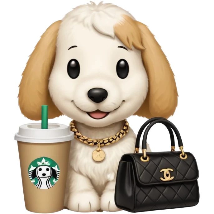 snoopy in a desk with starbucks and his chanel purse emoji