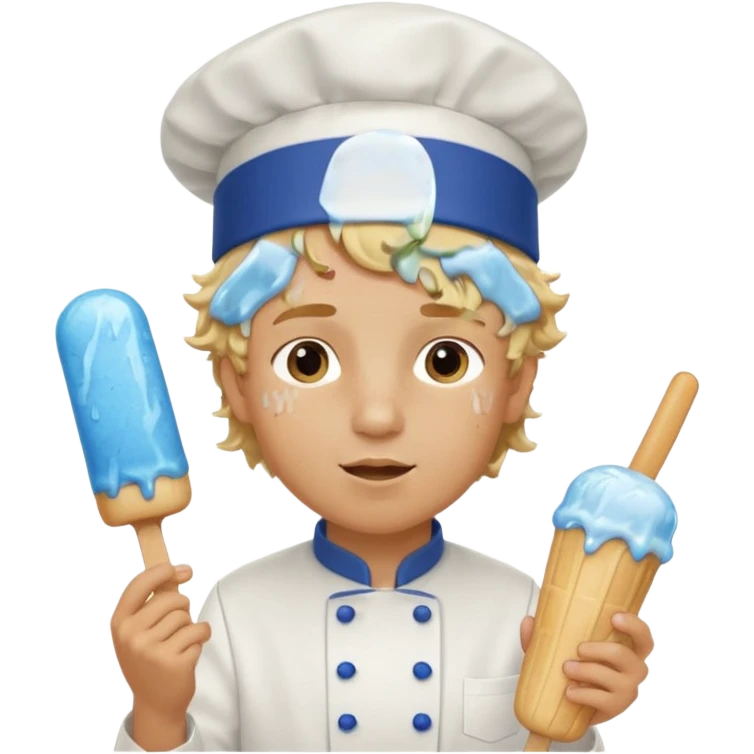 boy blonde curly hair, chef, eating blue ice pop emoji