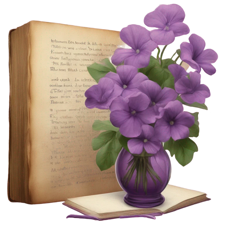 An aesthetic arrangement of a violet vintage book and pink flowers in a glass vase, surrounded by antique letters emoji