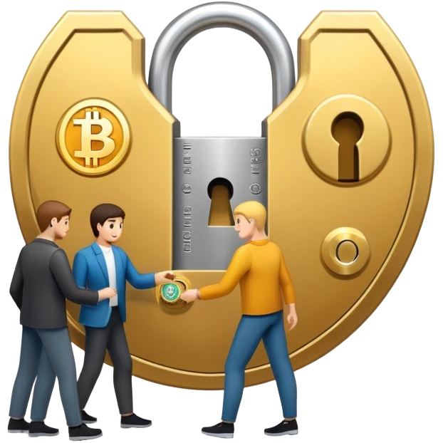 Two people exchanging cryptocurrency with a secure lock in the middle representing escrow emoji