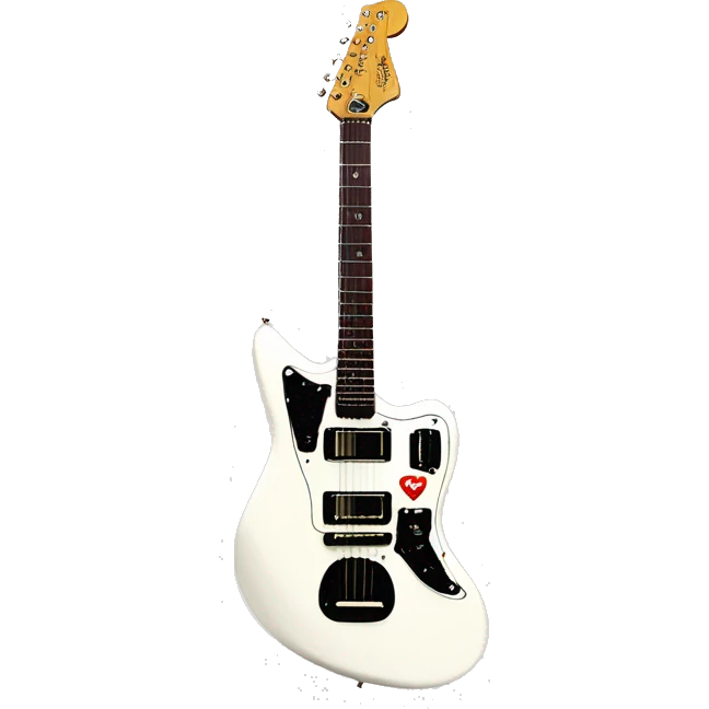 a olympic white jazzmaster model guitar with tortoise shield emoji