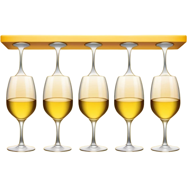 A row of hanging wine glasses upside-down under a yellow light shelf
 emoji