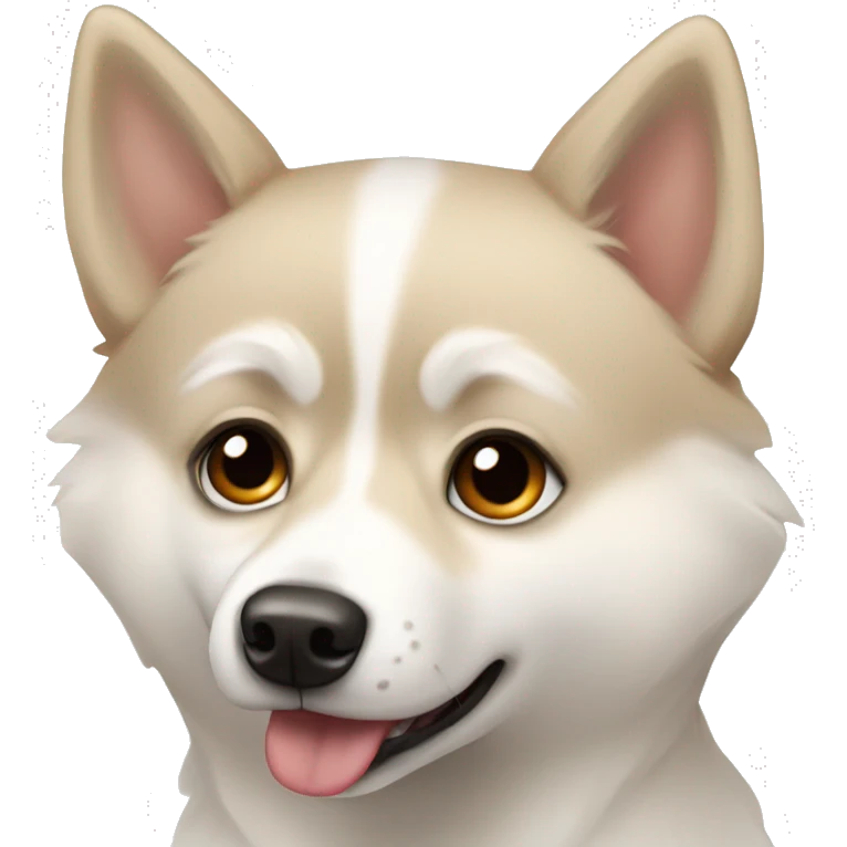 A white and beige pomsky dog with black eyes emoji