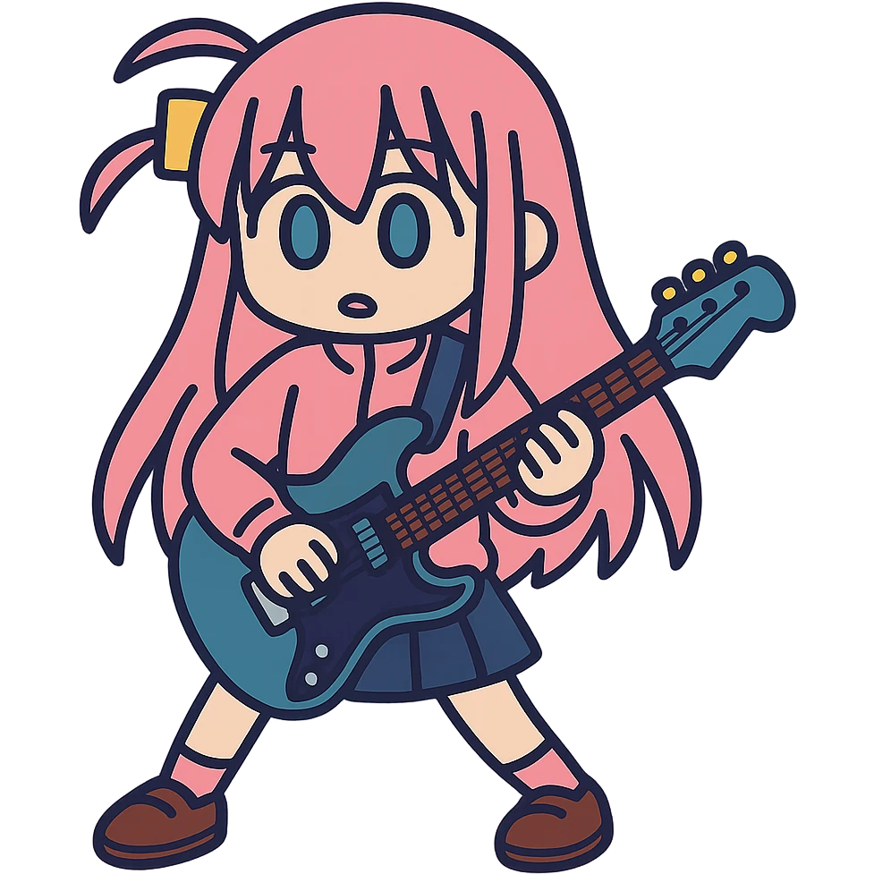 Bocchi the Rock in a pink costume with a guitar emoji