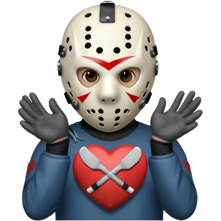 Jason Voorhees, looking cute, making a heart with his hands emoji