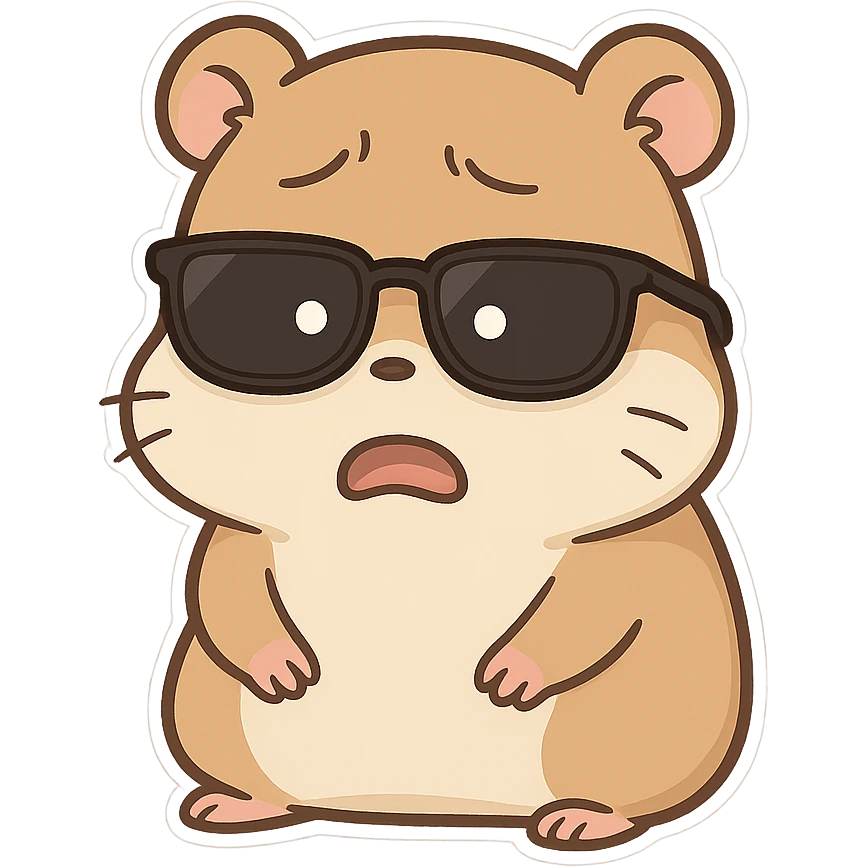 A hamster wearing sunglasses, the sunglasses have slipped down to the bottom of the eyes, the hamster has a dull look, is frightened, and looks incredulous emoji