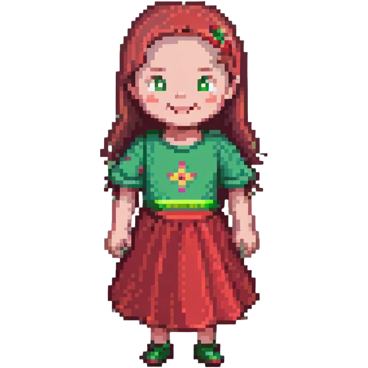 pixelated child in a red dress, happy face emoji