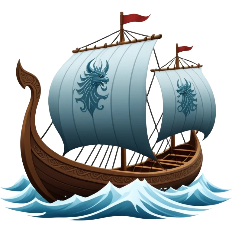 clash-of-clans-aesthetic_-cinematic-viking-longboat, rendered in a flat, bold vector style with minimal shading, featuring a striking dragon-headed prow slicing through icy, churning waters. The longboat’s intricately detailed shields and carved motifs evoke a sense of epic adventure and Nordic might, with billowing sails catching a dramatic, stormy sky backdrop. emoji