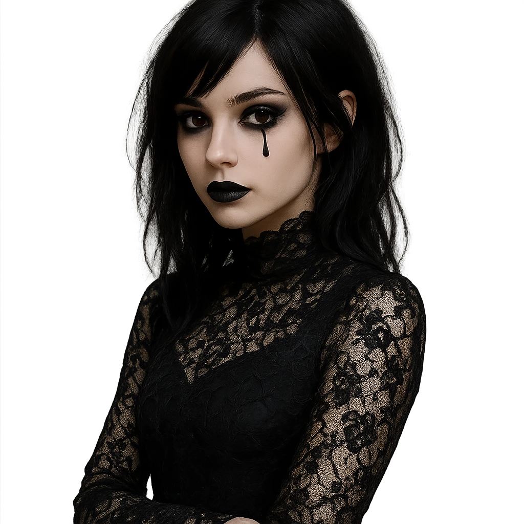 emo girl with teardrop makeup, black lace, mysterious and elegant emoji