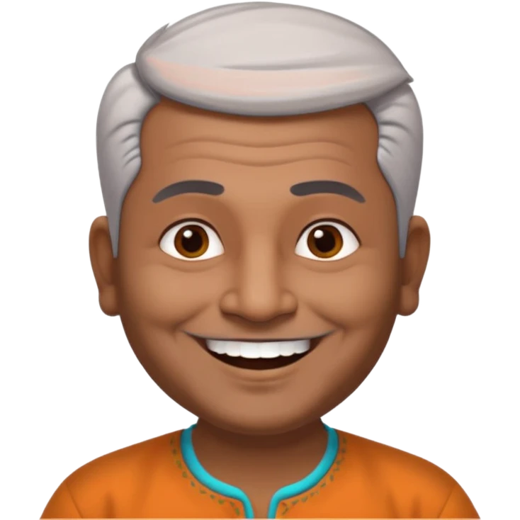 50 yr old indian man, dark skin, grey hair, big smile, white teeth, chubby, no moustache, clean shaven, young style hair, bindy, hair brushed up emoji