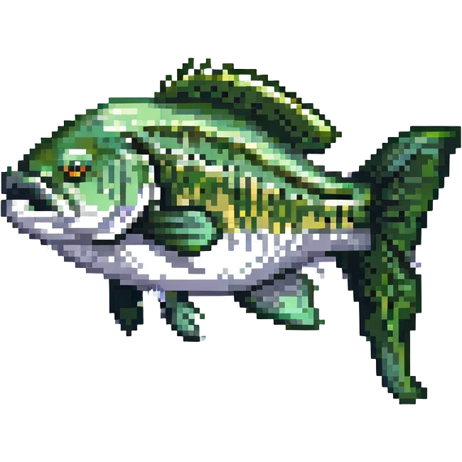 largemouth bass, pixel art, side view, green and white, retro video game style emoji