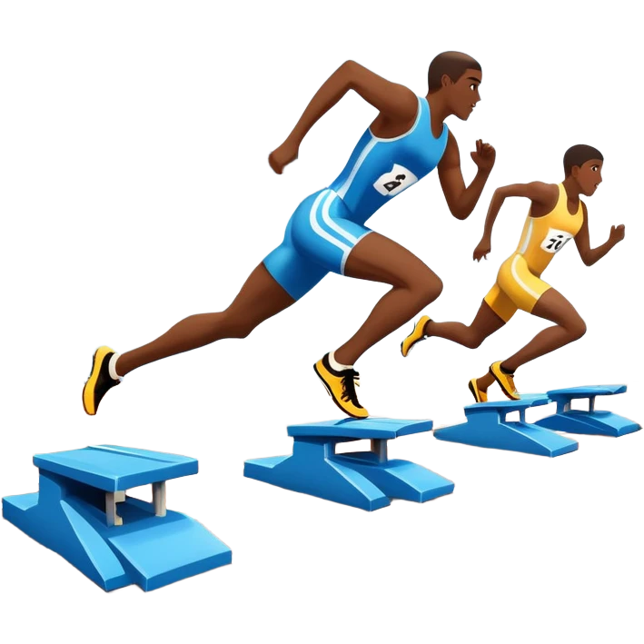 An icon featuring a running track with starting blocks and a pair of sprinting shoes in motion. The background showcases a grand stadium with cheering fans, bright sunlight, and a clear blue sky. Transparent background highlights the speed, energy, and competition of track running. emoji