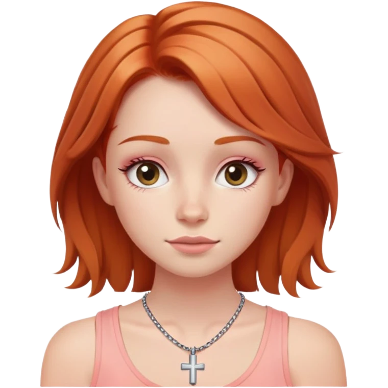 Auburn ginger haired girl with eyelashes wearing a cross necklace and a light coral pink tank top emoji