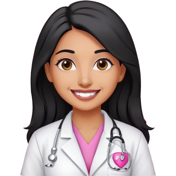 Indian doctor female with olive skin wearing pink scrubs and lab coat with black long hair and smile  emoji