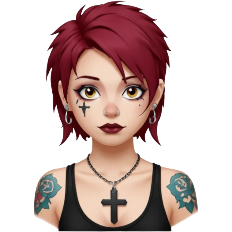 generate an ios genmoji of a girl with dark red messy hair with eyeliner on, septum piercing, wearing a cami black top, has tattoos, ear piercings, wearing a cross silver necklace emoji