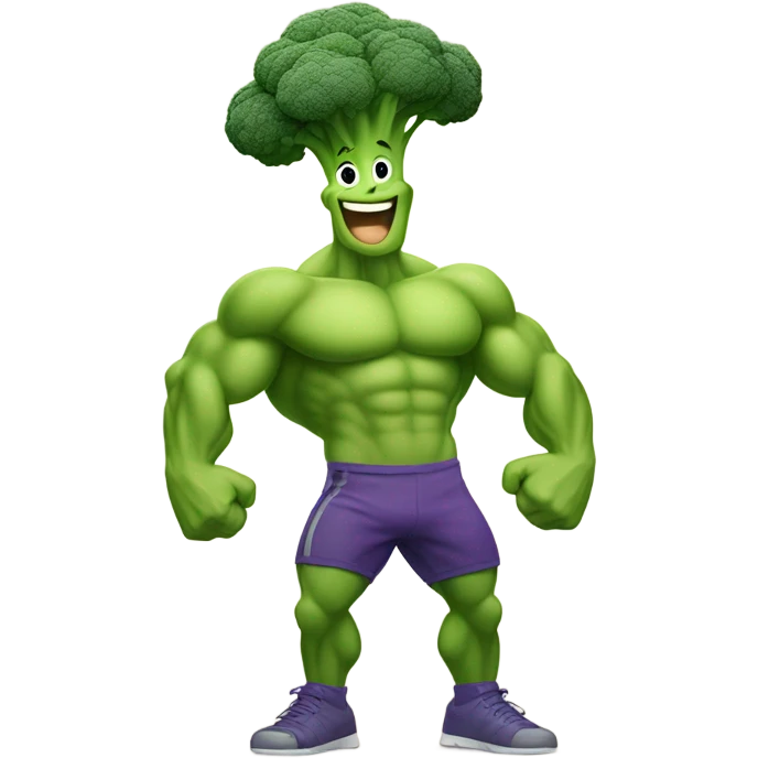 Generate a cartoonish broccoli emoji flexing its muscular arms with a confident smile. emoji
