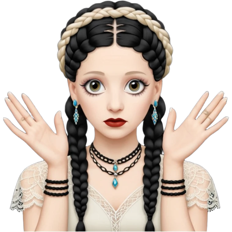 Lene Lovich as seen on the Stateless album cover with a typical symmetrical pose with her hands, lots of lace and braided hair emoji