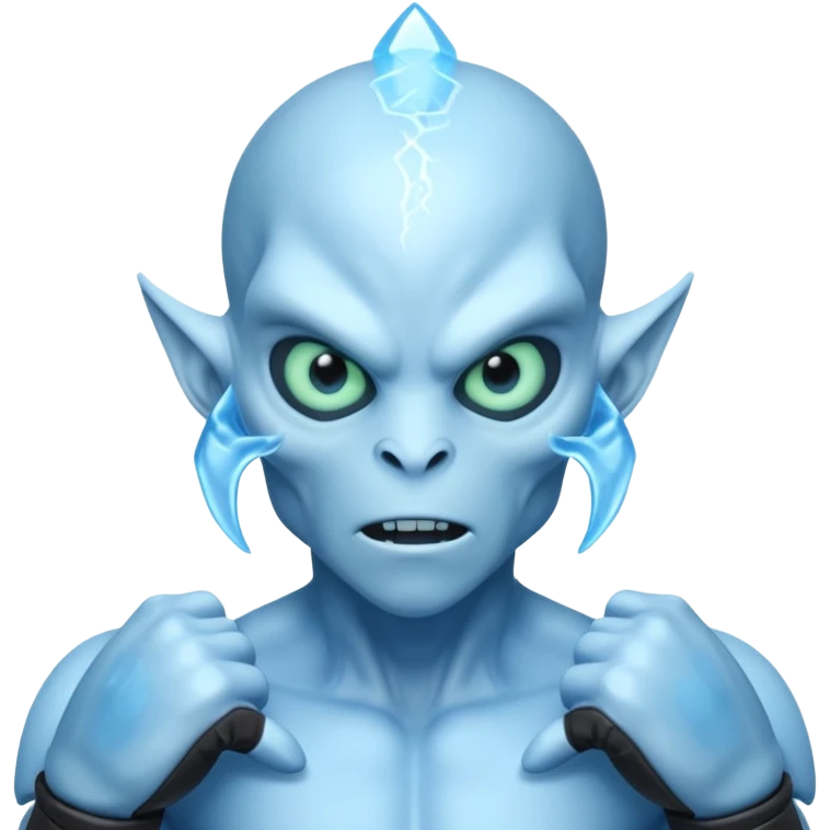ice alien MMA fighter portrait, head and shoulders only, icy blue skin, frost aura, glowing cold eyes, combat gloves, 3D cartoon, mobile game icon style, clean background, no text, no watermark
 emoji