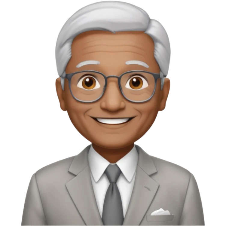 70 yr old indian man, short straight white hair brushed back, light grey business suit, big smile, dark brown skin, no moustache, dark brown eyes, glasses
 emoji