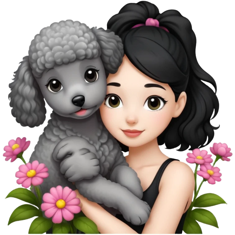 A beautiful girl with black ponytail happily hugs a gray poodle in the flowers emoji