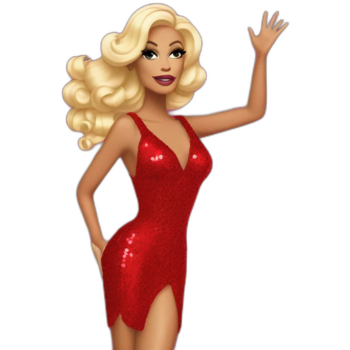 Rupaul’s drag race, drag queen, red sequin dress, holding right arm in the air emoji