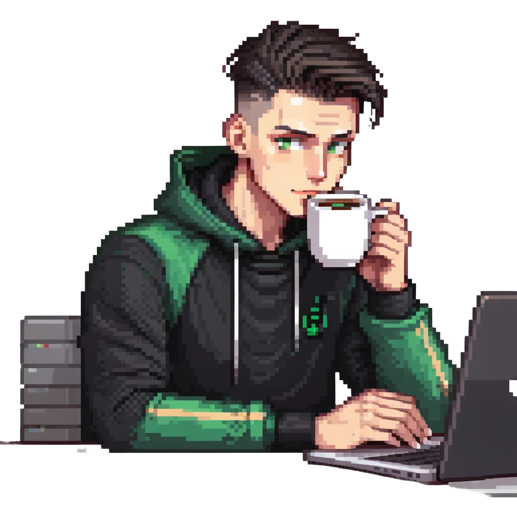 male with dark hair, high fade haircut, high slick back hairstyle, green eyes, wearing a black tracksuit, coding on black laptop, drinking coffee emoji