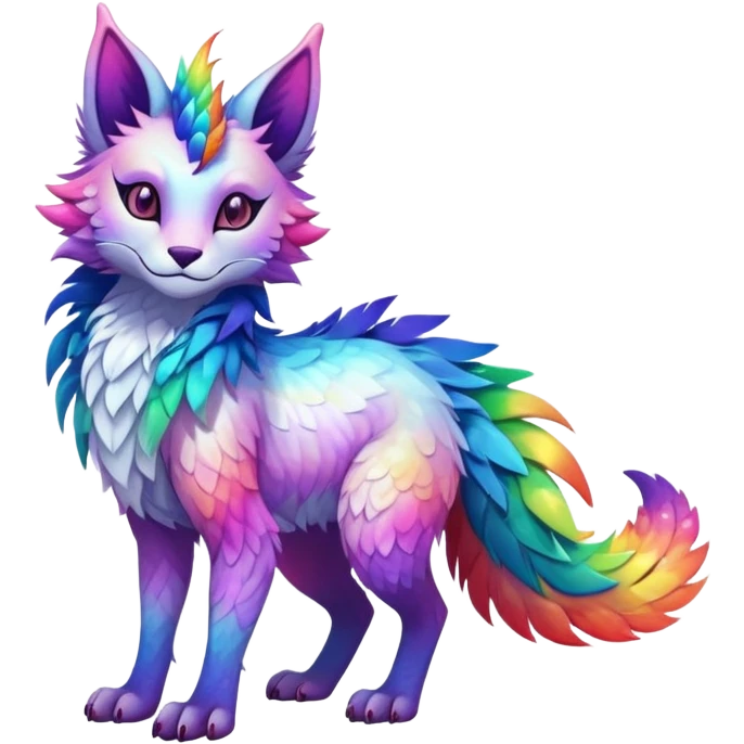 Kawaii neon colorful with feathers-ears rainbow iridescent fantasy ethereal feline-vernid-sergal-fursona animal creature with a tufted tail full body with intricate markings emoji