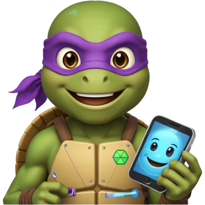 Donatello from Teenage Mutant Ninja Turtles, emoji style, holding a hologram device and smiling emoji